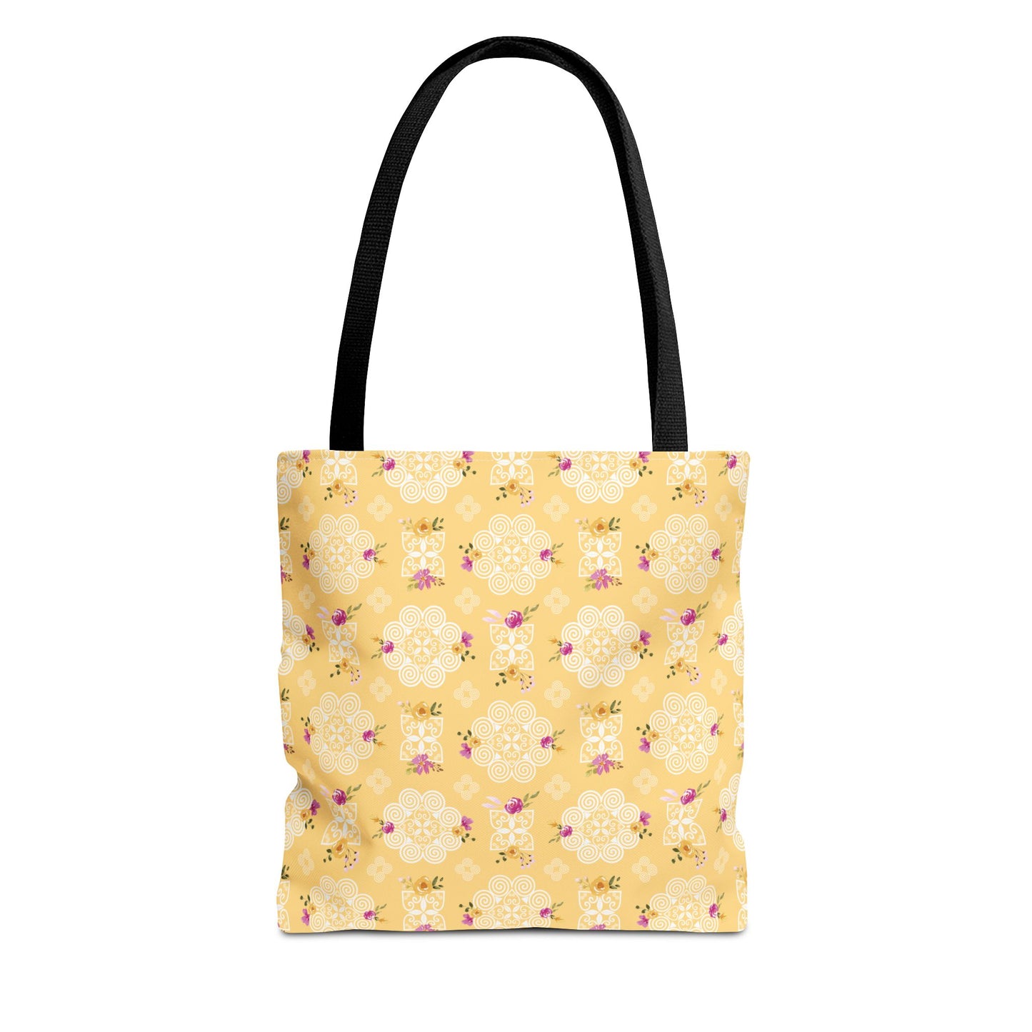 Tote Bag (AOP) - Hmong Inspired Design - Pink and Yellow Watercolor Floral Flowers - White on Yellow Background