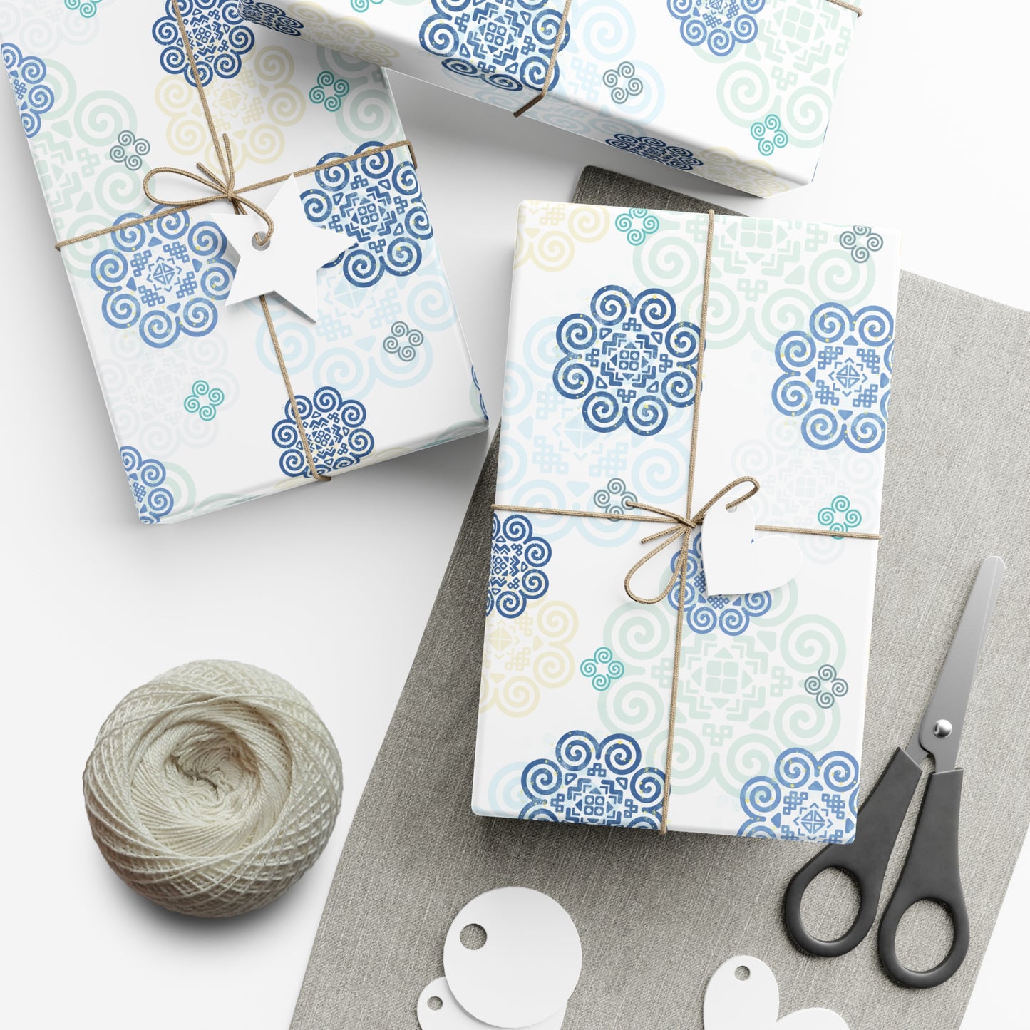 Gift Wrap Papers - Hmong Inspired - Blue Neutral Theme - Silhouette Pattern BG