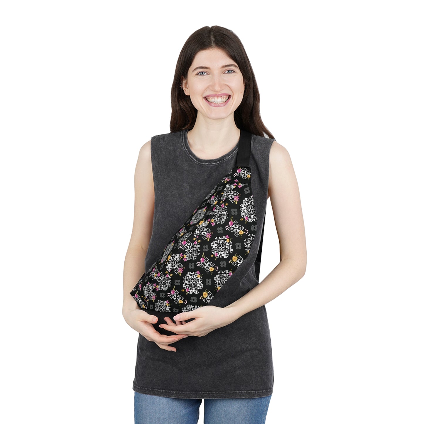 Large Fanny Pack - Hmong Inspired Design - Pink and Yellow Watercolor Florals Flowers - White on Black BG