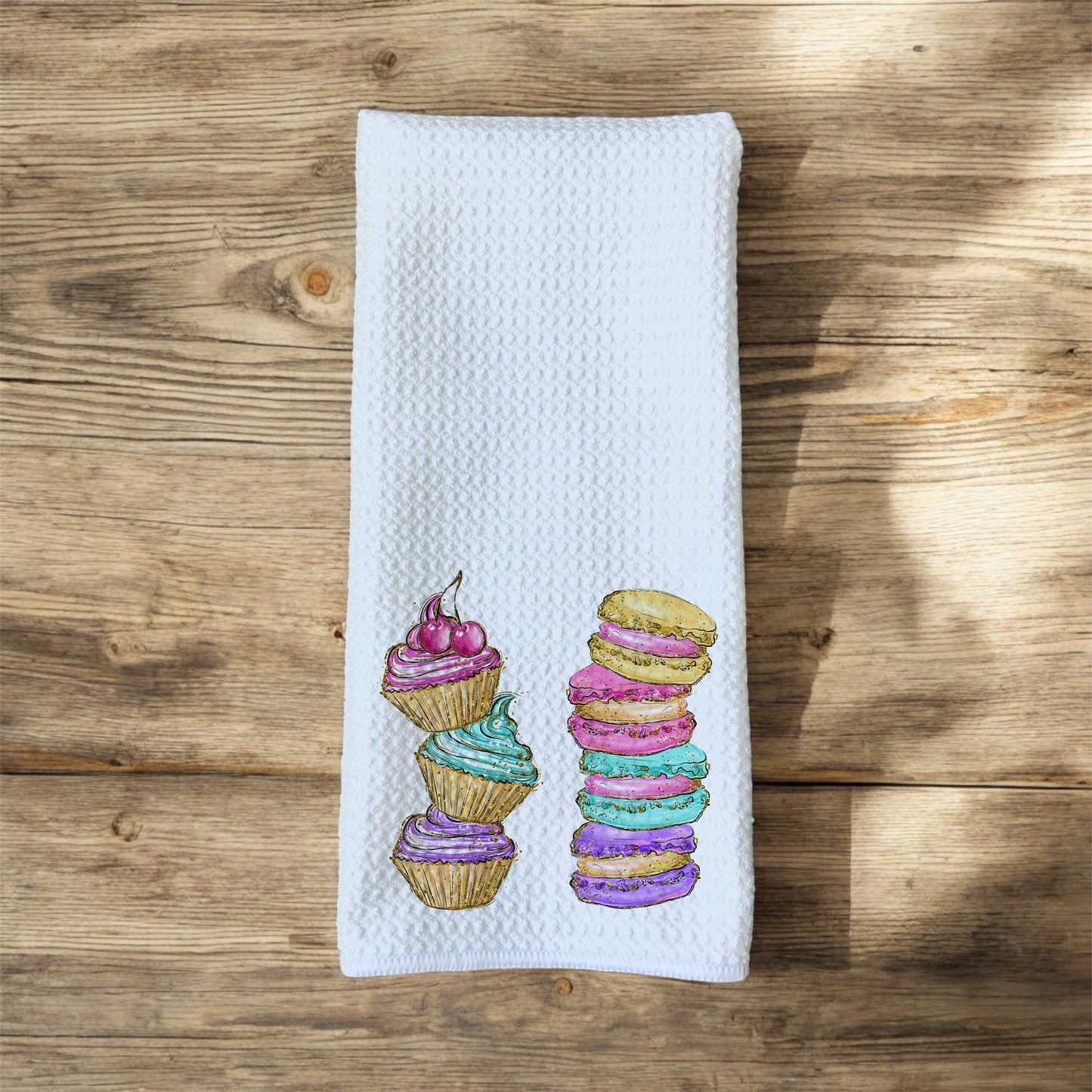 Assorted Stacked Cupcakes and Macarons - Bright Colorful Theme - Waffle Weave Microfiber Hand Kitchen Towel
