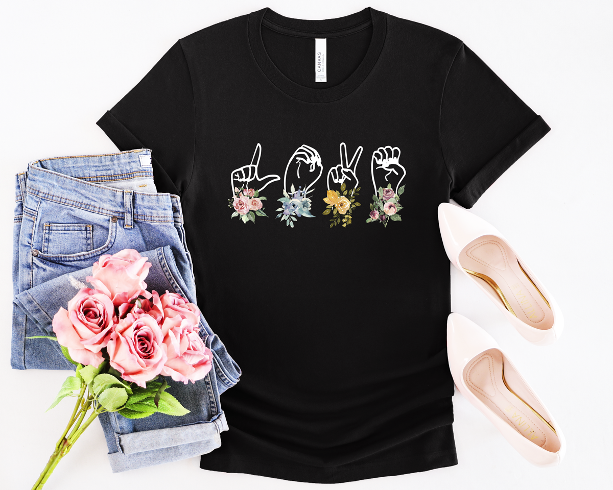 Unisex t-shirt: LOVE Sign Language - Floral Design on Black