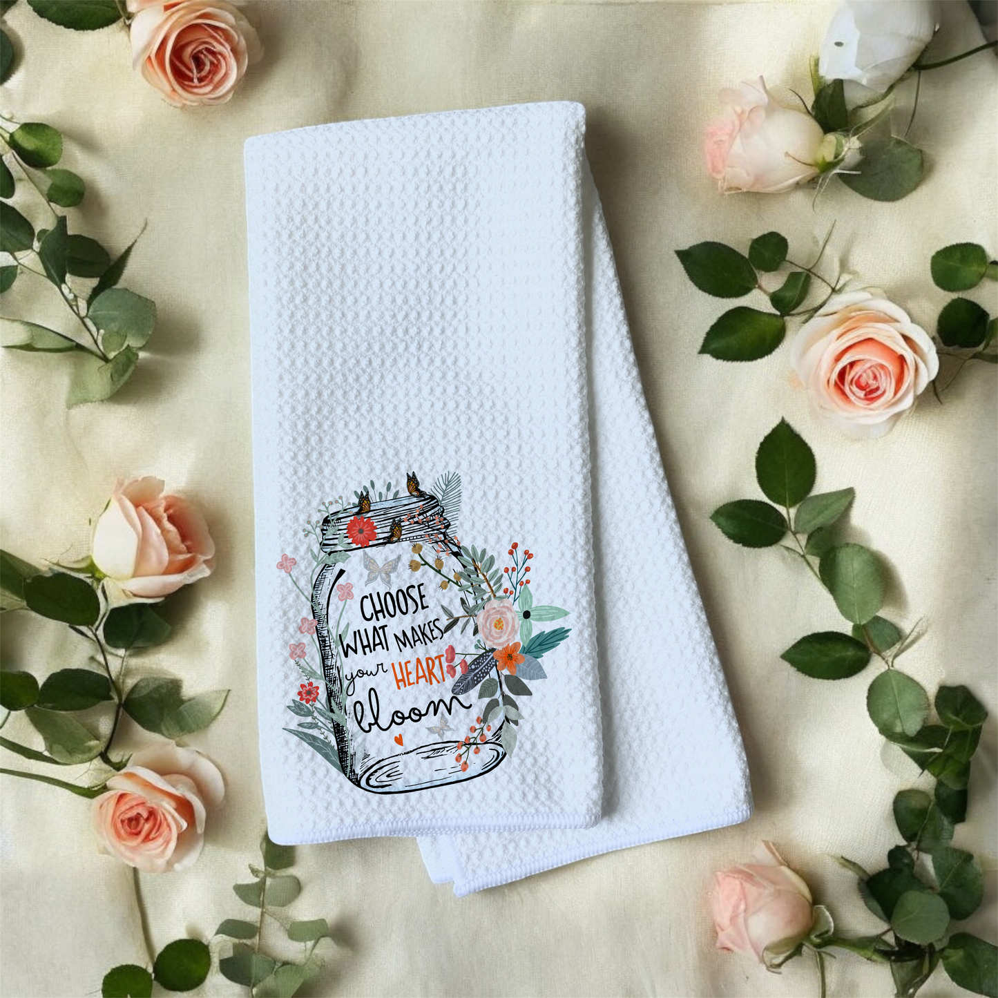Choose What Makes Your Heart Bloom - Assorted Clipart Floral Jar - Simple Theme - Waffle Weave Microfiber Hand Kitchen Towel