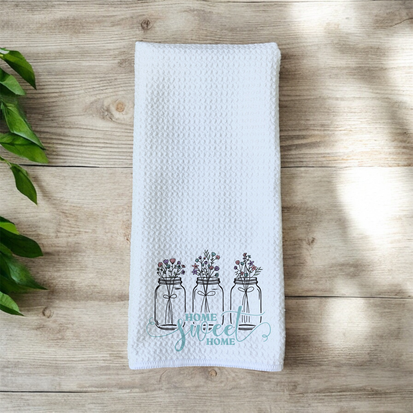 Home Sweet Home - Floral Jars - Simple Theme - Waffle Weave Microfiber Hand Kitchen Towel