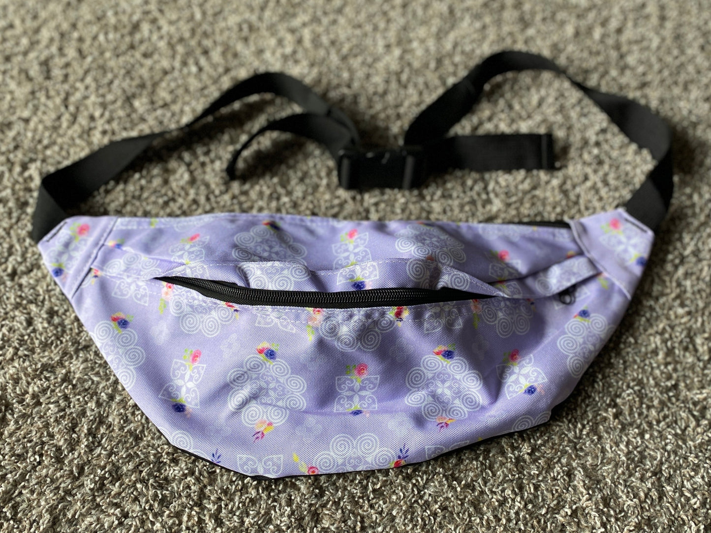 Large Fanny Pack - Hmong Inspired Design - Pink and Purple Watercolor Florals Flowers - White on Purple BG