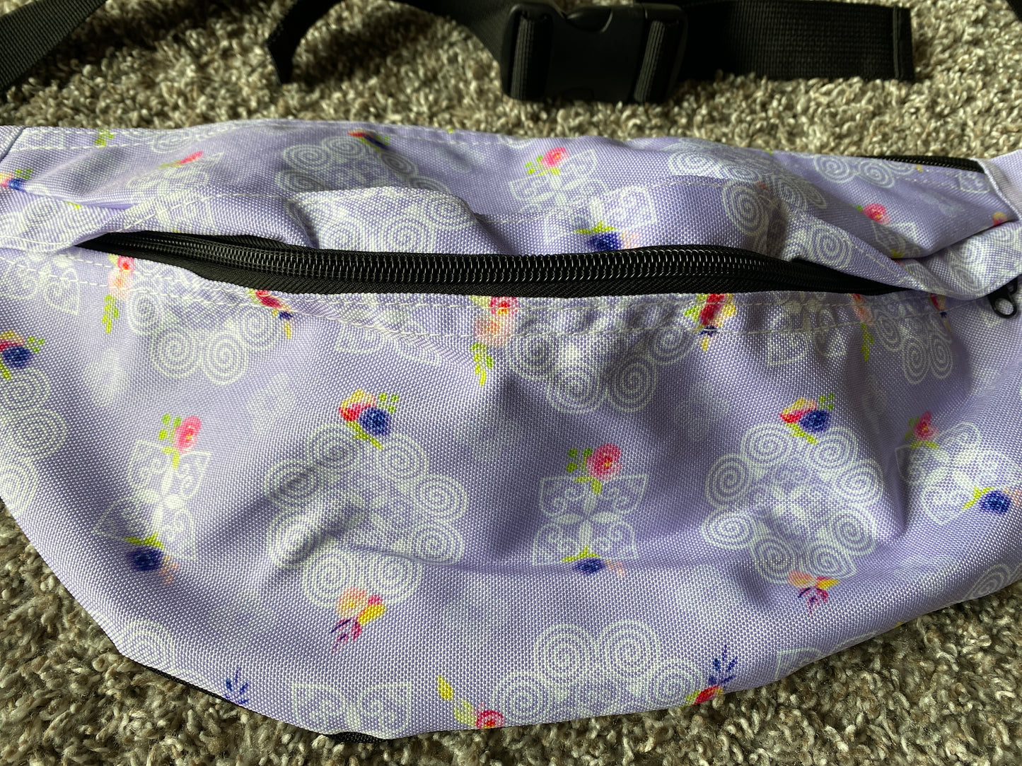 Large Fanny Pack - Hmong Inspired Design - Pink and Purple Watercolor Florals Flowers - White on Purple BG