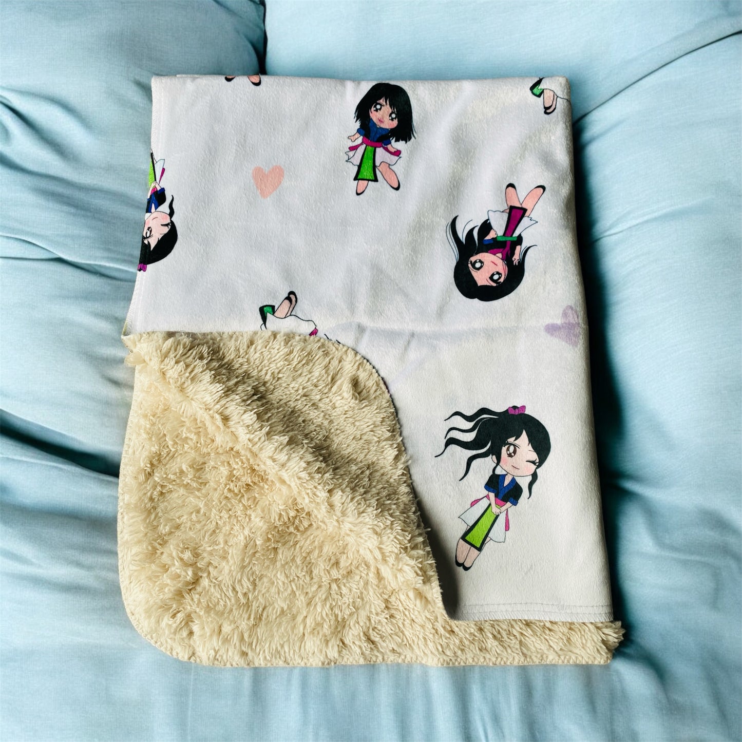 Sherpa Blanket (SAND) - Hmong Inspired - Kawaii Characters - Hearts Only Watercolor - White BG