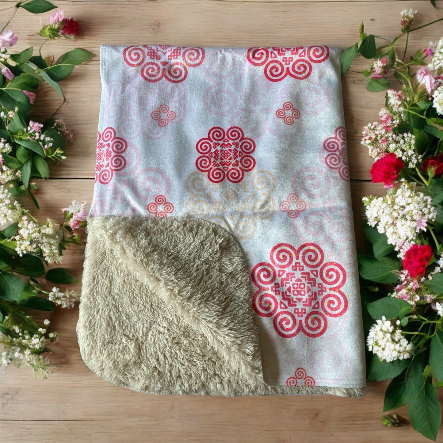 Sherpa Blanket (SAND) - Hmong Inspired - Red Theme - Silhouette Pattern