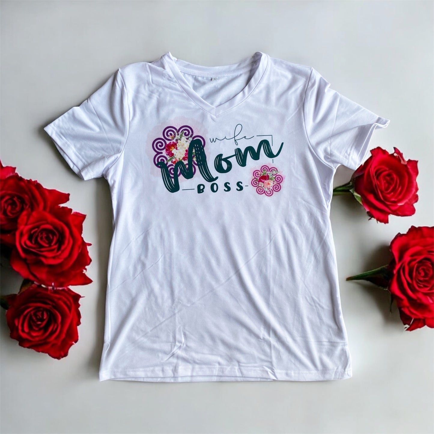Hmong Inspired - Watercolor Florals - Wife Mom Boss - V Neck Shirt