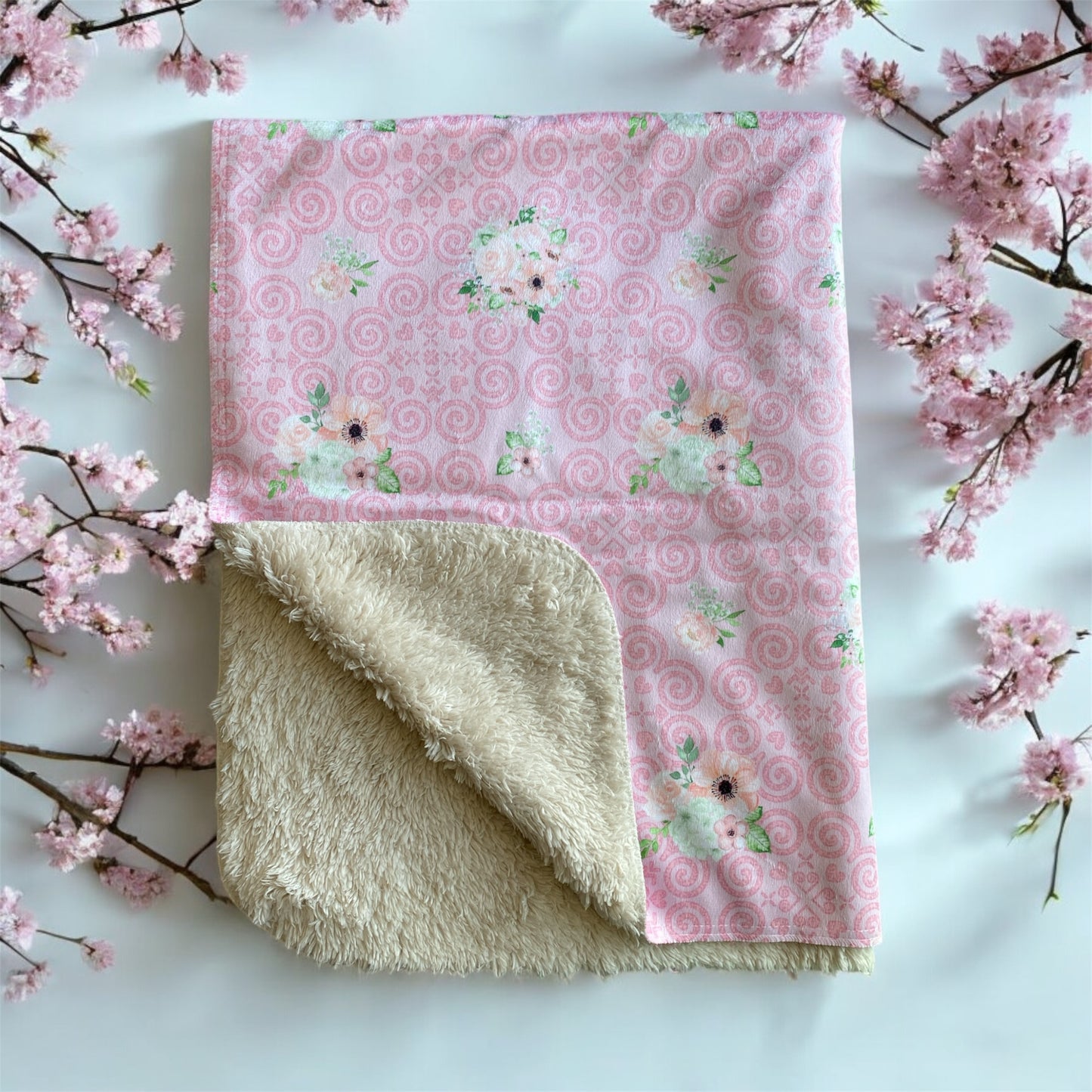 Sherpa Blanket (SAND) - Hmong Inspired - Watercolor Florals Leaves Pattern - Pink Theme