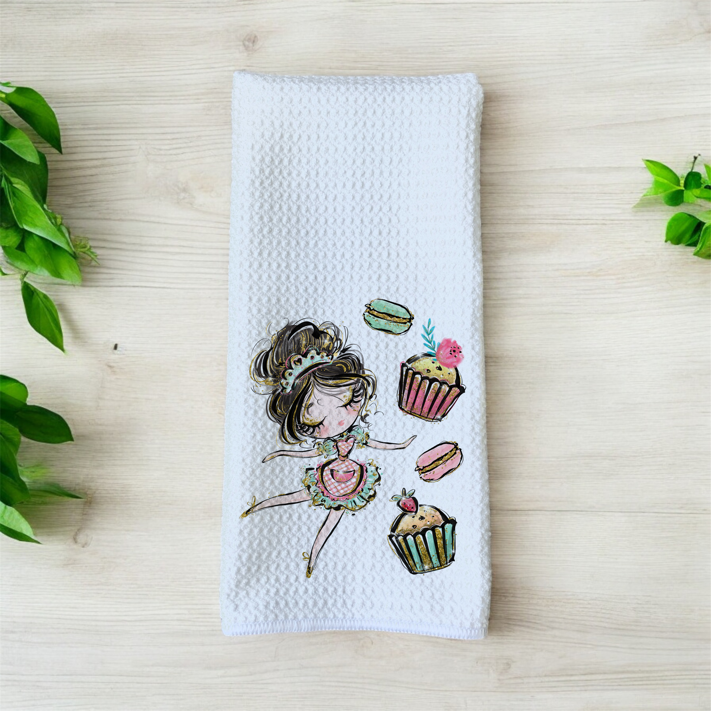 Lady Baking Pastries Cupcakes Macarons Desserts Theme - Bright Colorful Theme - Waffle Weave Microfiber Hand Kitchen Towel (Copy)