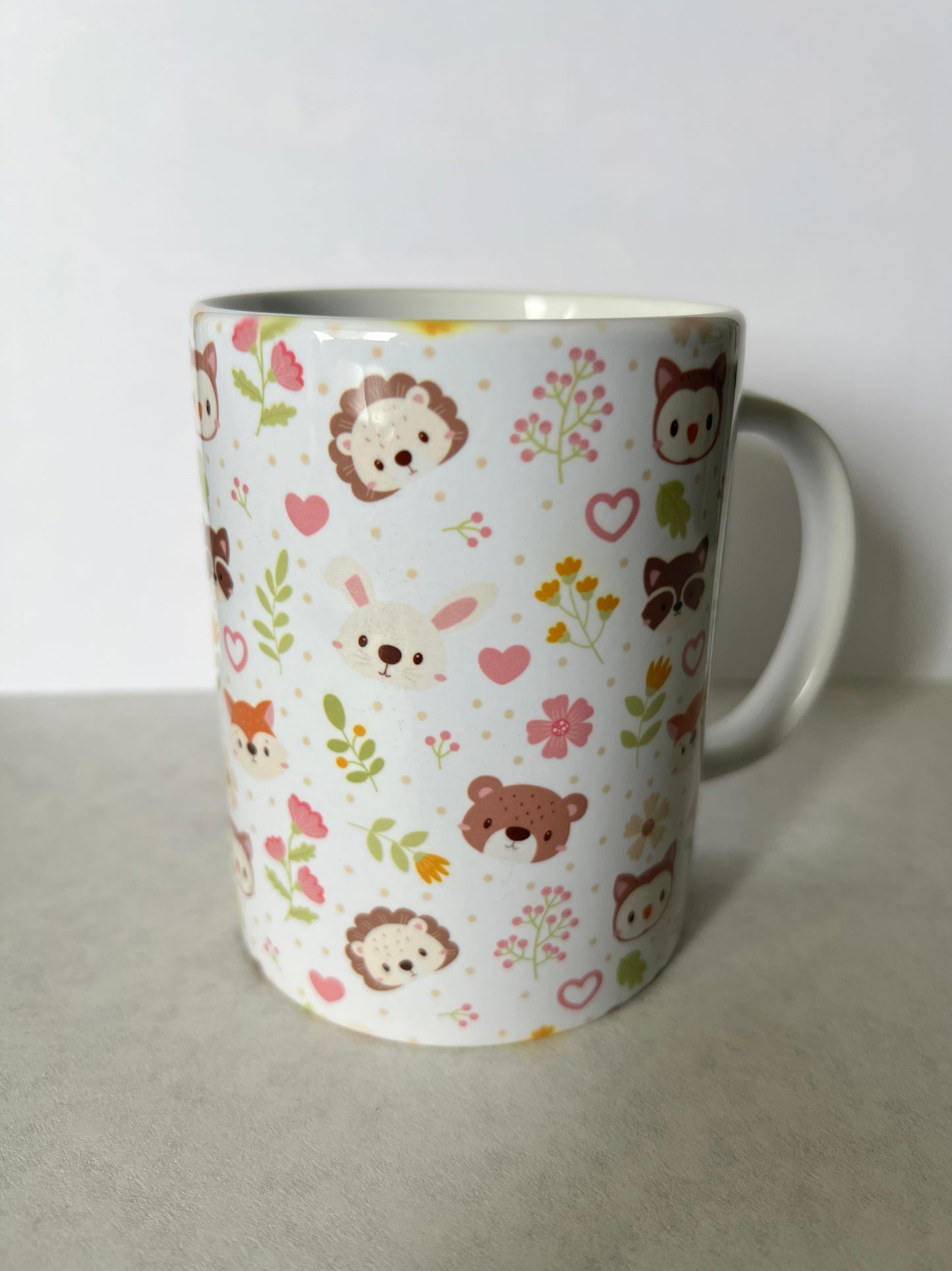 Mug 15oz White Ceramic - Cute Assorted Animals - Pink and Green Theme