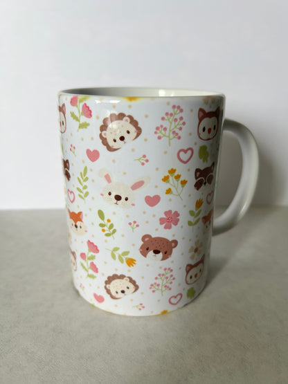 Mug 15oz White Ceramic - Cute Assorted Animals - Pink and Green Theme