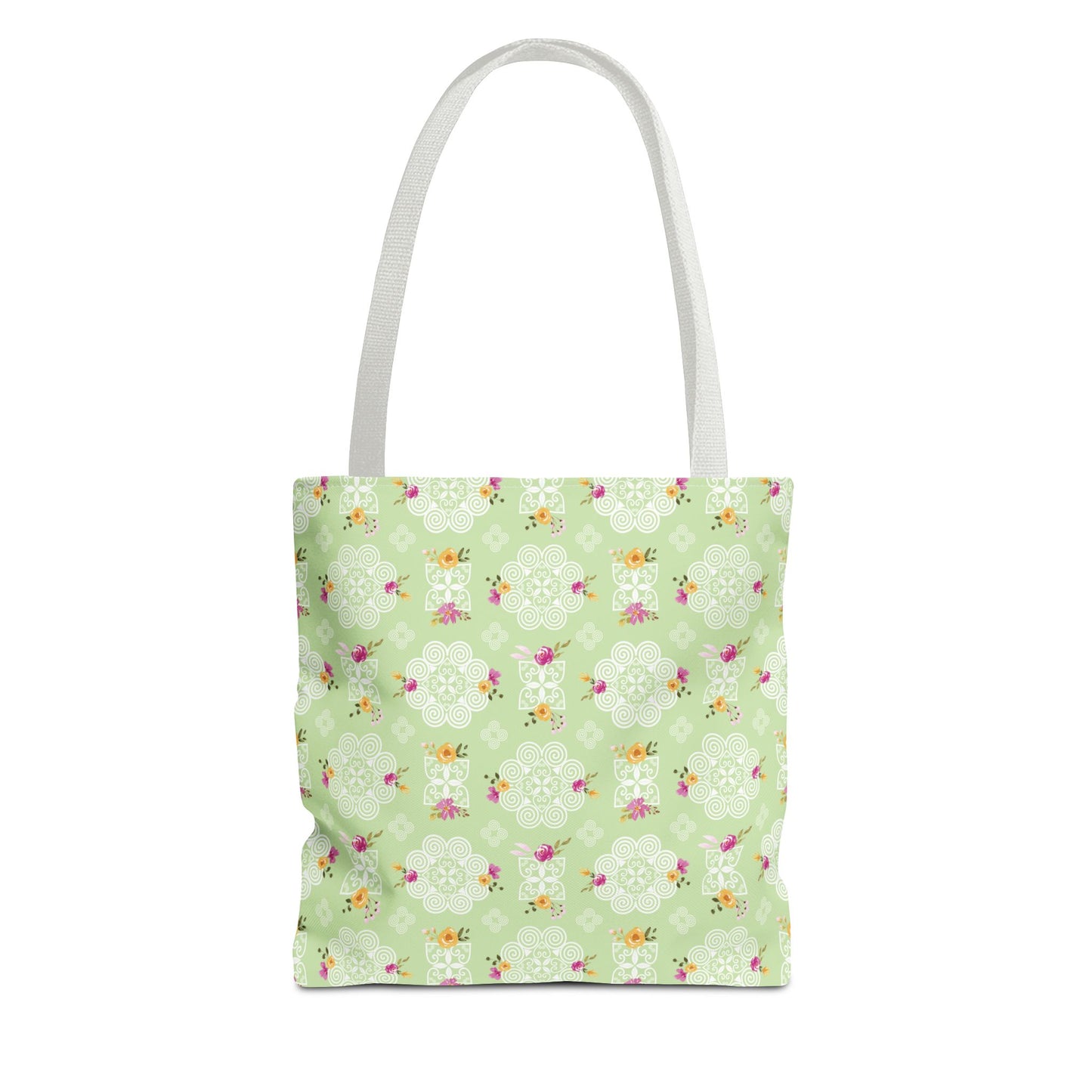 Tote Bag (AOP) - Hmong Inspired Design - Pink and Yellow Watercolor Floral Flowers - White on Green Background