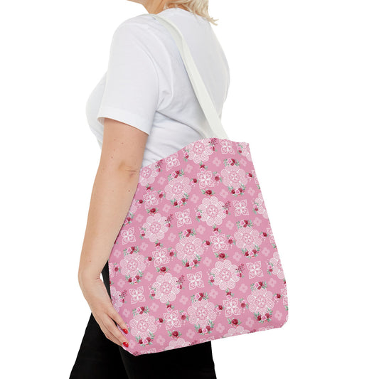 Tote Bag (AOP) - Hmong Inspired Design - Red and Pink Roses Watercolor Floral Flowers - White on Pink Background