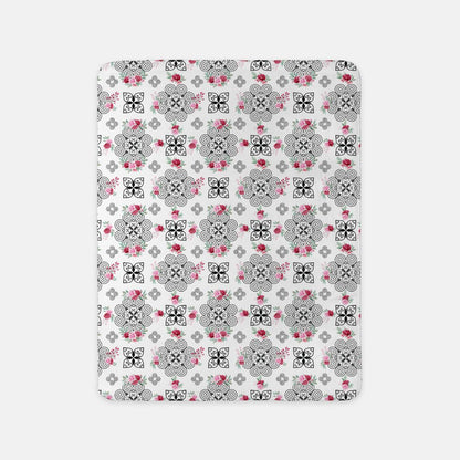 SHERPA BLANKET (SAND) - HMONG INSPIRED DESIGN - RED AND PINK WATERCOLOR FLOWERS FLORALS - BLACK ON WHITE BG