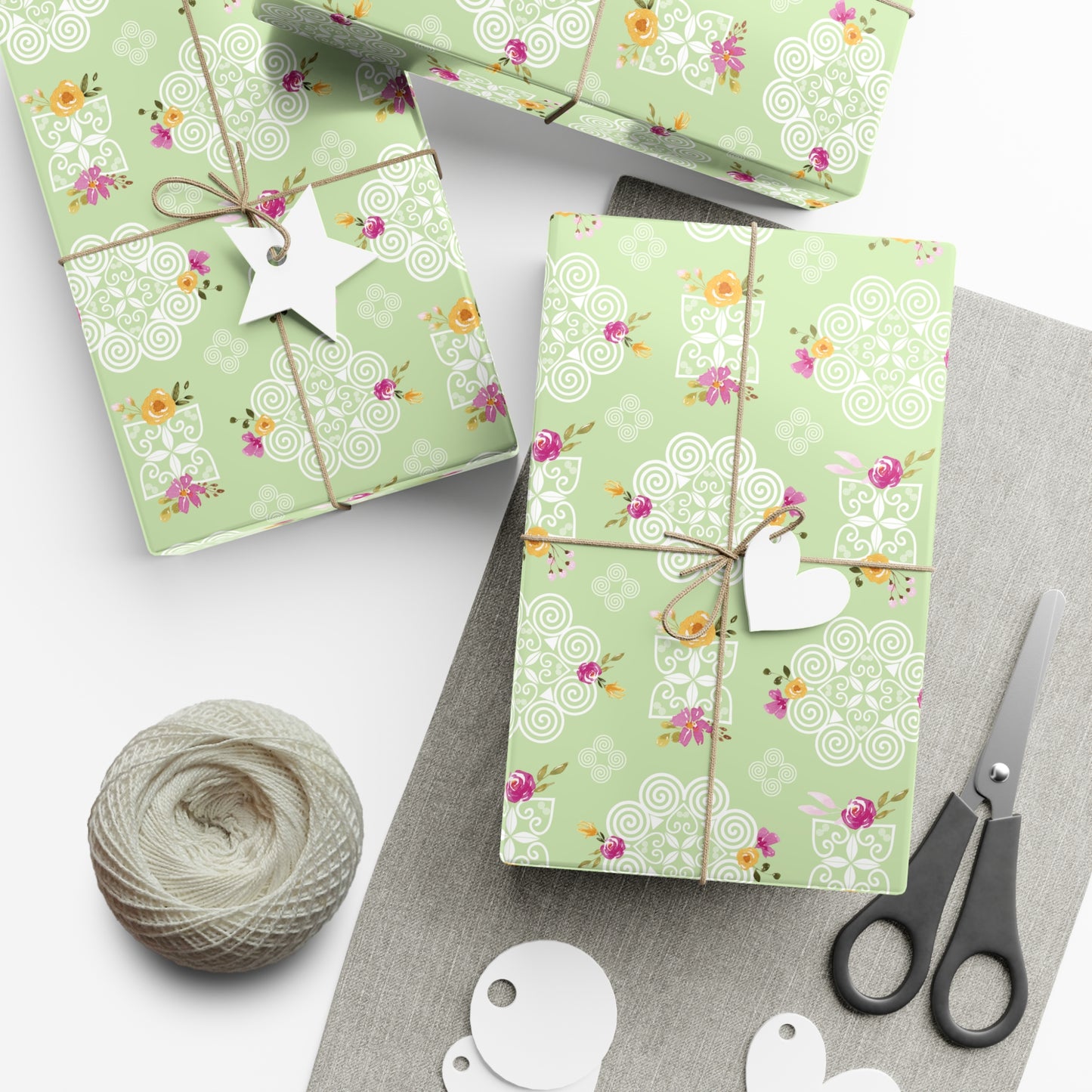 Gift Wrap Papers - Hmong Inspired Design - Pink and Yellow Watercolor Florals Flowers - Green Background