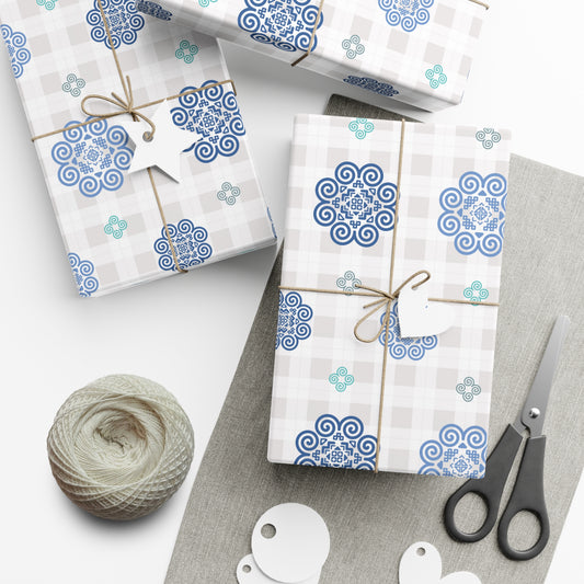 Gift Wrap Papers - Hmong Inspired - Blue Neutral Theme -  Plaid Pattern BG