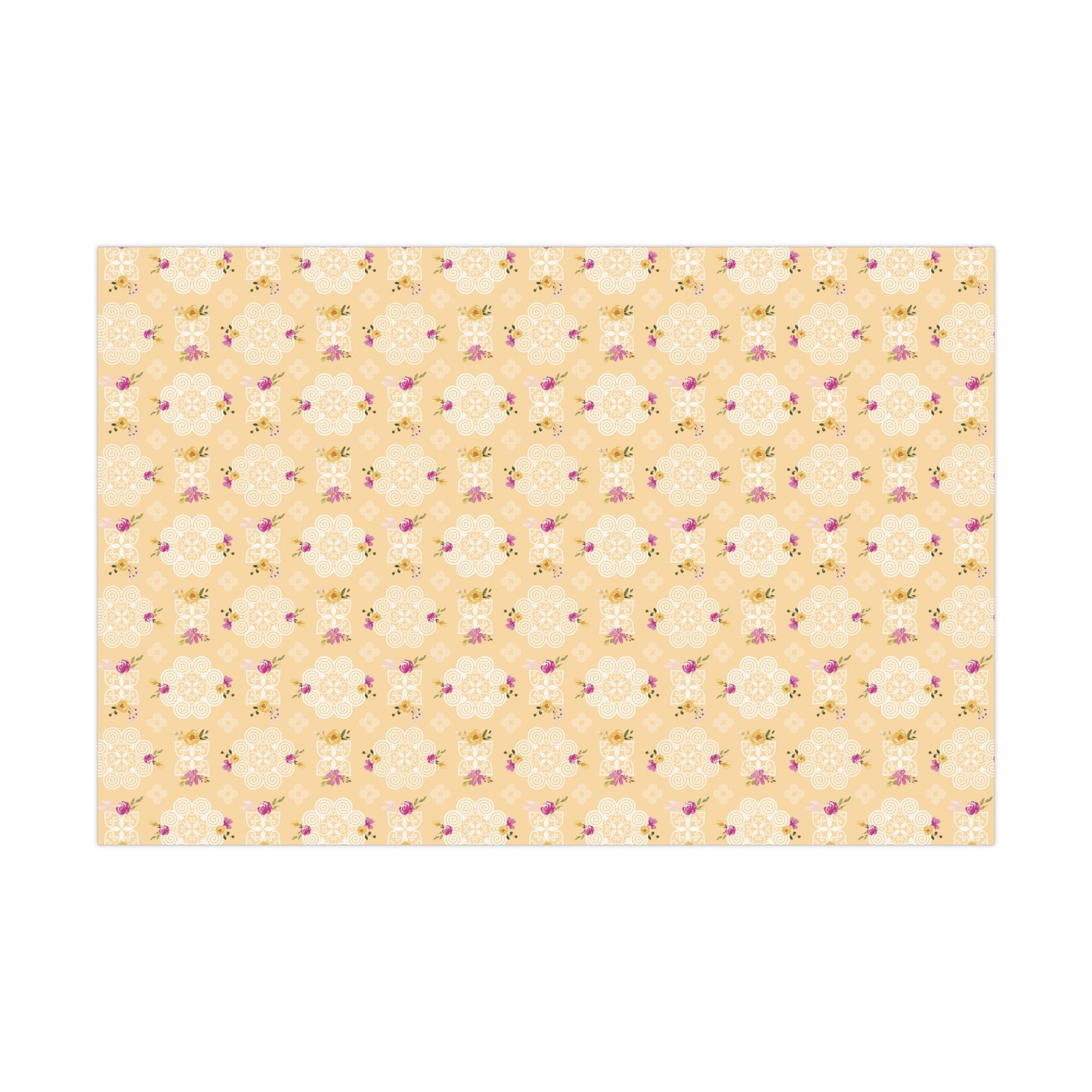 Gift Wrap Papers - Hmong Inspired Design - Pink and Yellow Watercolor Florals Flowers - Yellow Background