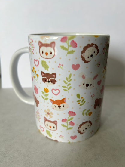 Mug 15oz White Ceramic - Cute Assorted Animals - Pink and Green Theme