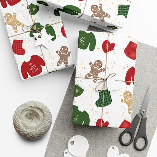 Gift Wrap Papers - Christmas Theme - Sweaters Stockings Mittens Gingerbread - White BG