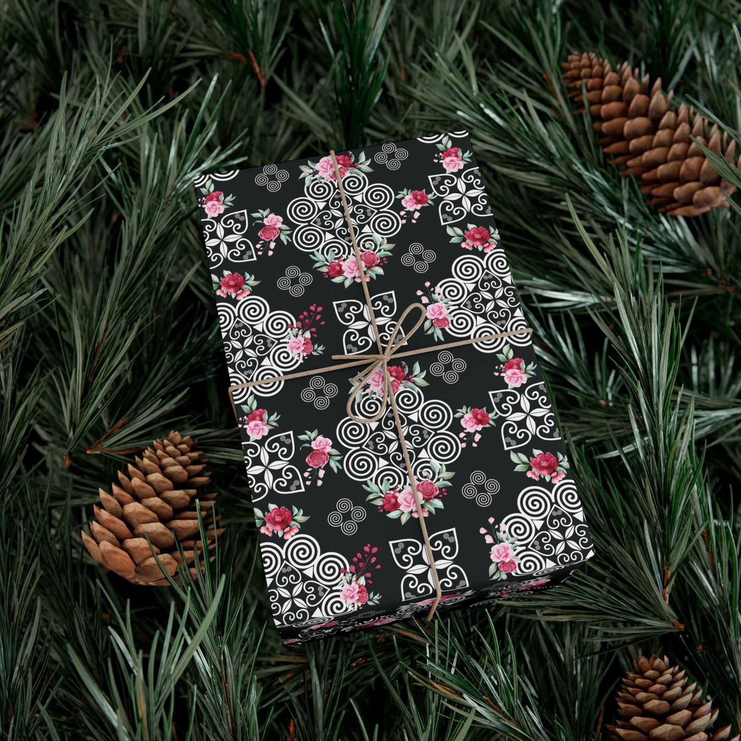 Gift Wrap Papers - Hmong Inspired Design - Pink and Red Roses Watercolor Florals Flowers - White on Black BG