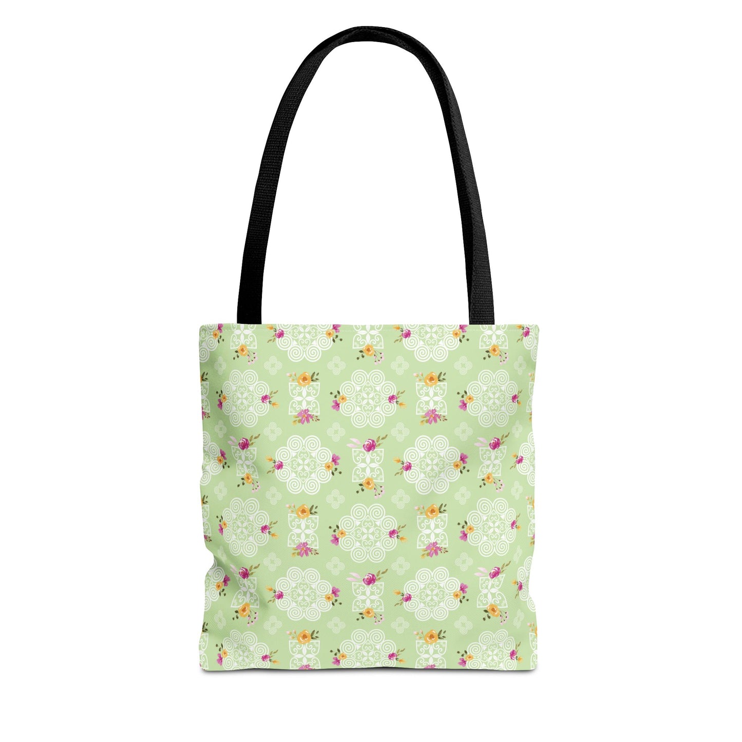 Tote Bag (AOP) - Hmong Inspired Design - Pink and Yellow Watercolor Floral Flowers - White on Green Background