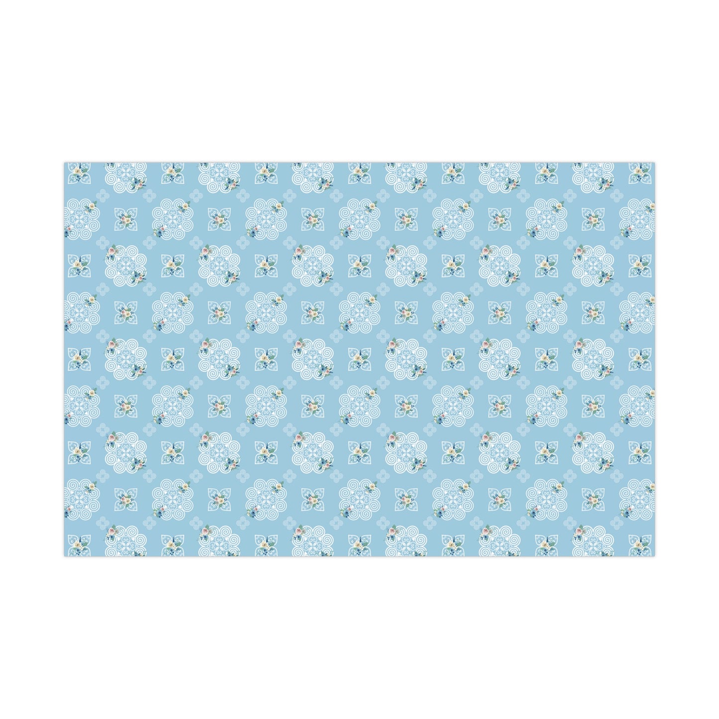 Gift Wrap Papers - Hmong Inspired Design - Blue and White Watercolor Florals - White on Baby Blue BG