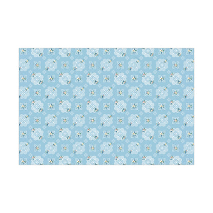 Gift Wrap Papers - Hmong Inspired Design - Blue and White Watercolor Florals - White on Baby Blue BG