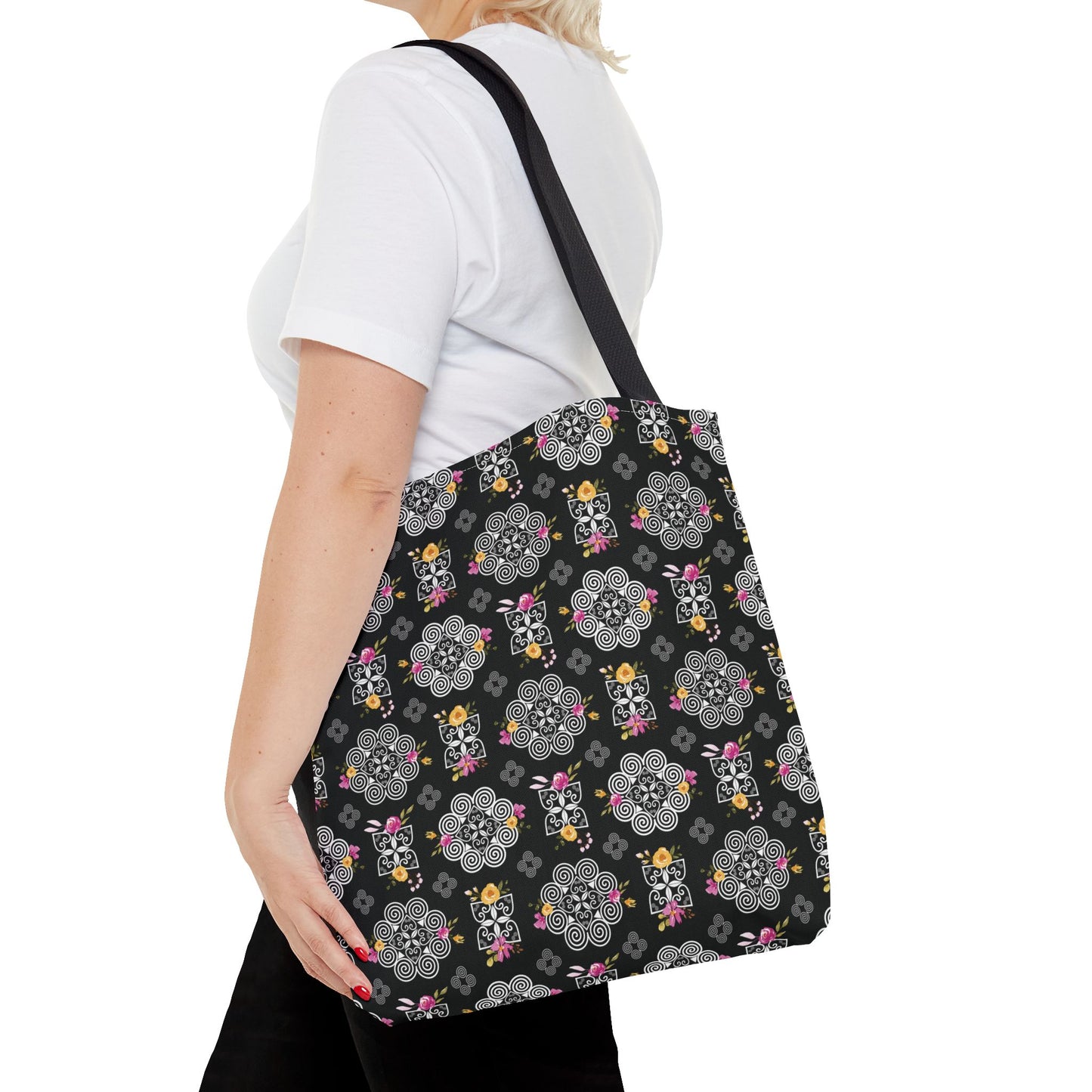 Tote Bag (AOP) - Hmong Inspired Design - Pink and Yellow Watercolor Floral Flowers - White on Black Background