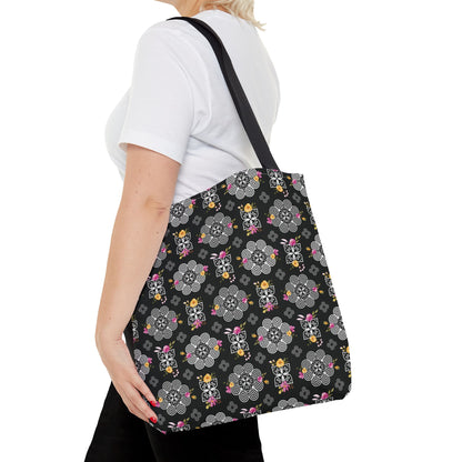 Tote Bag (AOP) - Hmong Inspired Design - Pink and Yellow Watercolor Floral Flowers - White on Black Background