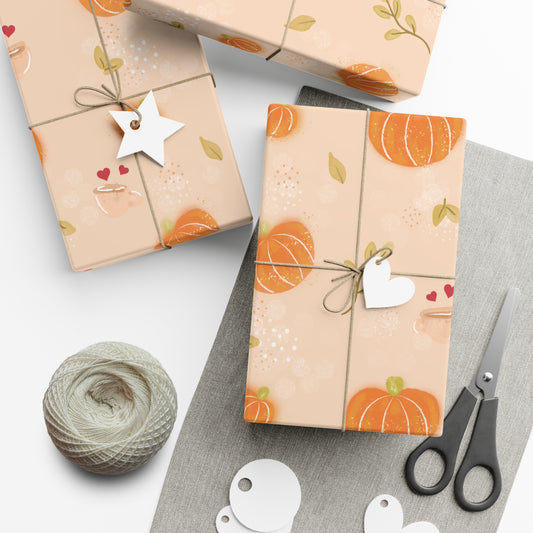 Gift Wrap Papers - Autumn Fall Theme - Pumpkins Leaves Coffee - Pattern BG - SMALLER