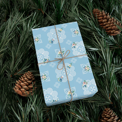 Gift Wrap Papers - Hmong Inspired Design - Blue and White Watercolor Florals - White on Baby Blue BG