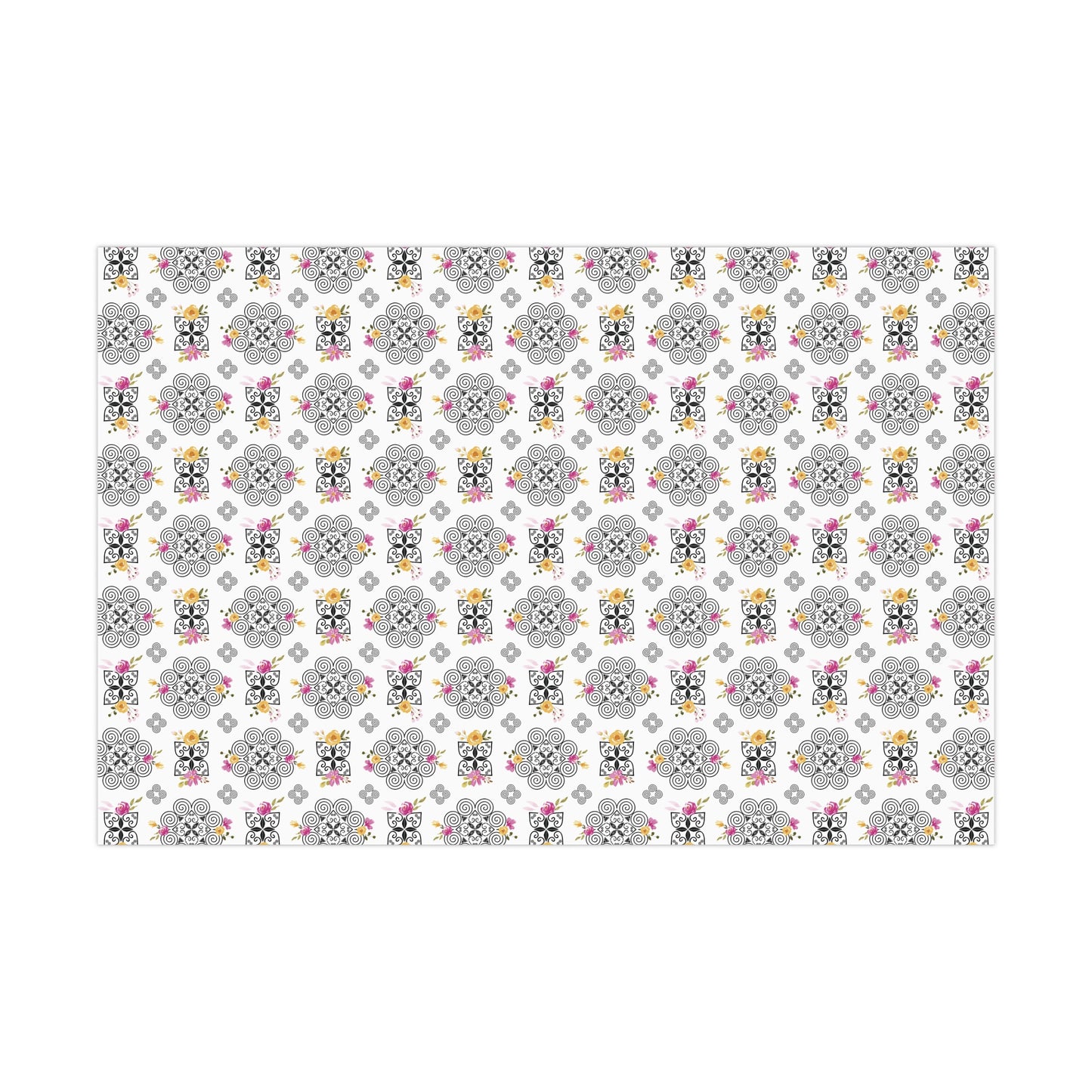 Gift Wrap Papers - Hmong Inspired Design - Pink and Yellow Watercolor Florals Flowers