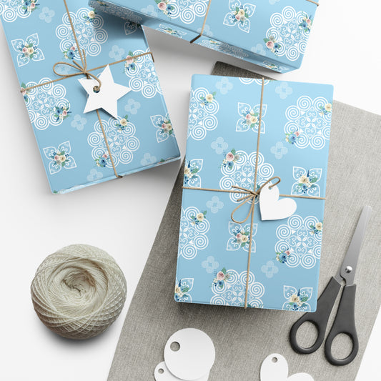 Gift Wrap Papers - Hmong Inspired Design - Blue and White Watercolor Florals - White on Baby Blue BG