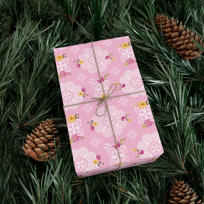 Gift Wrap Papers - Hmong Inspired Design - Pink and Yellow Watercolor Florals Flowers - Pink Background