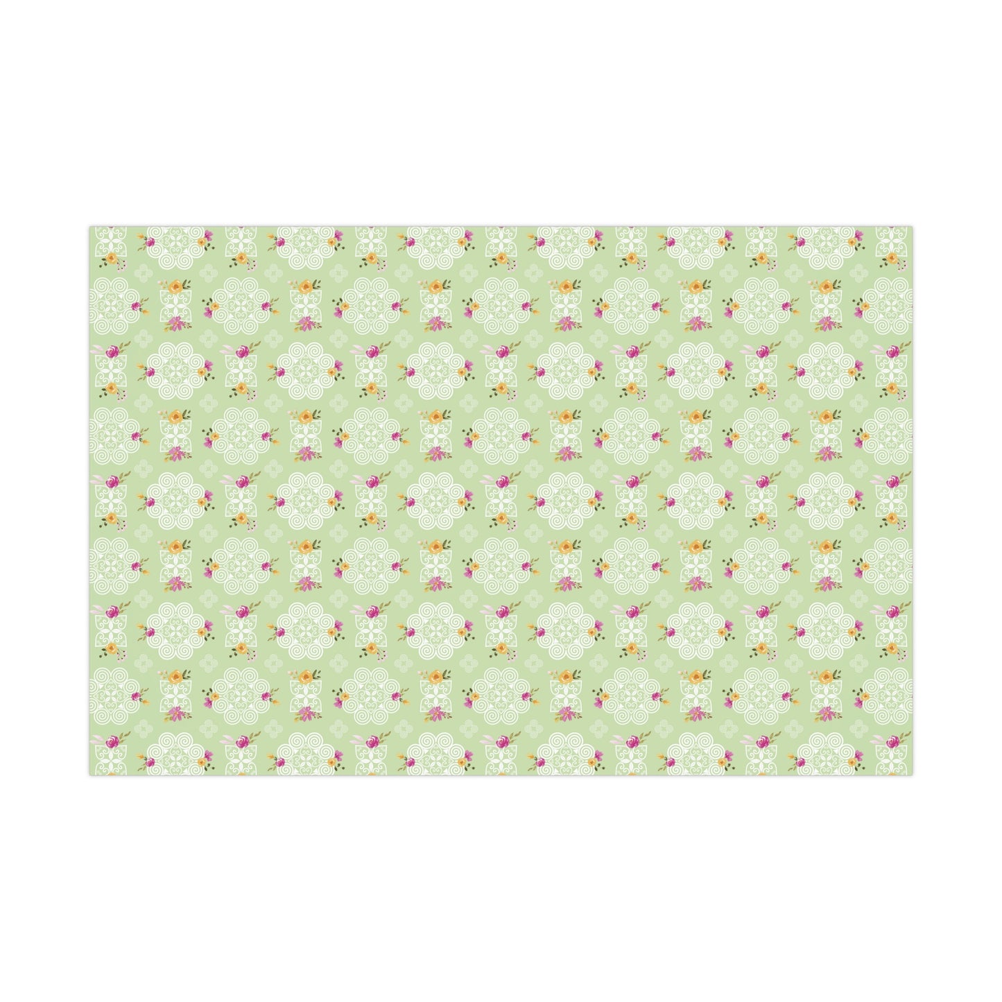 Gift Wrap Papers - Hmong Inspired Design - Pink and Yellow Watercolor Florals Flowers - Green Background