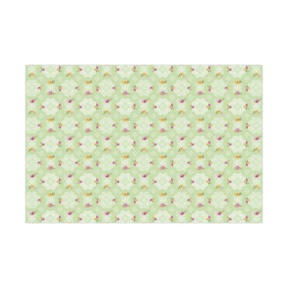 Gift Wrap Papers - Hmong Inspired Design - Pink and Yellow Watercolor Florals Flowers - Green Background