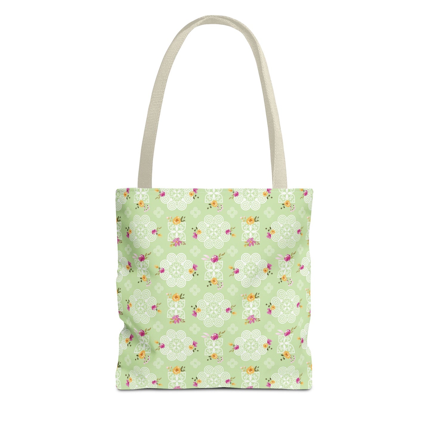 Tote Bag (AOP) - Hmong Inspired Design - Pink and Yellow Watercolor Floral Flowers - White on Green Background