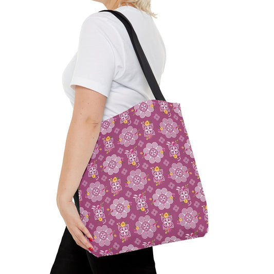 Tote Bag (AOP) - Hmong Inspired Design - Pink and Yellow Watercolor Floral Flowers - White on Plum Background