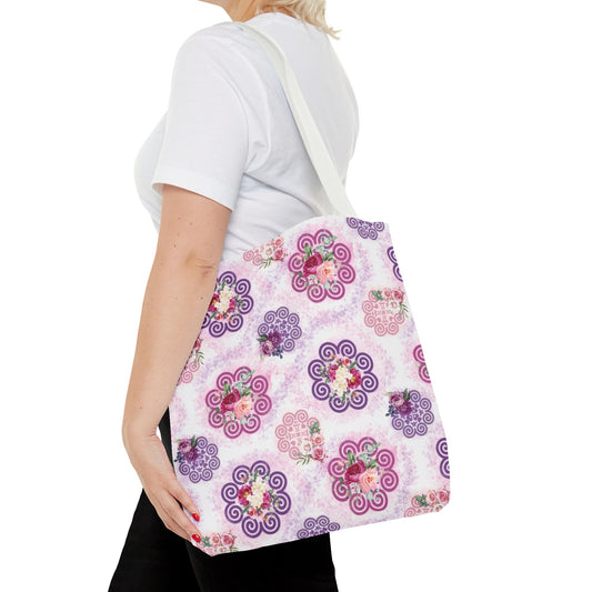 Tote Bag (AOP) - Hmong Inspired Design - Patch Texture - Pink Purple Watercolor Florals - Pink Purple Ink Splash - Large Design