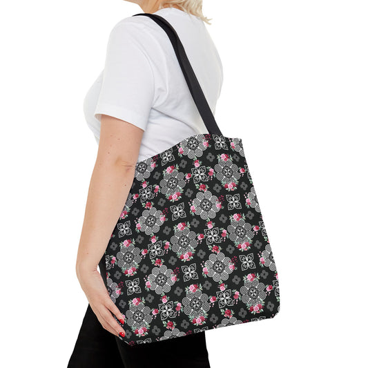 Tote Bag (AOP) - Hmong Inspired Design - Red and Pink Roses Watercolor Floral Flowers - White on Black Background