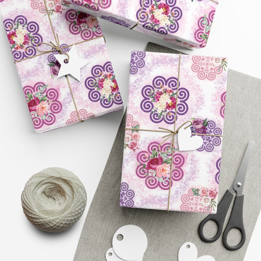 Gift Wrap Papers - Hmong Inspired - Pink & Purple Watercolor Florals Flowers Patch - Pink Purple Ink Drips - White BG