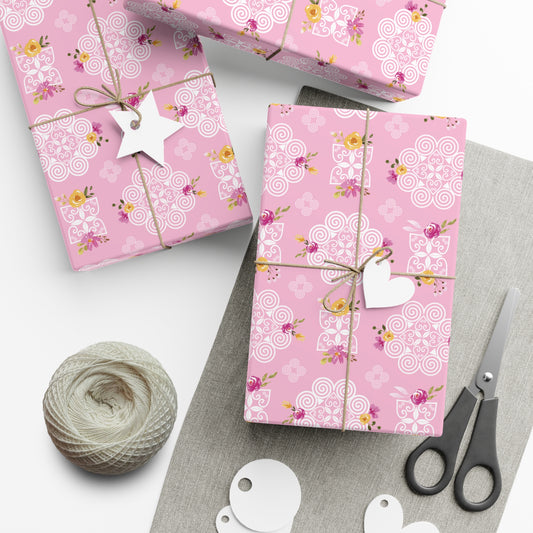 Gift Wrap Papers - Hmong Inspired Design - Pink and Yellow Watercolor Florals Flowers - Pink Background