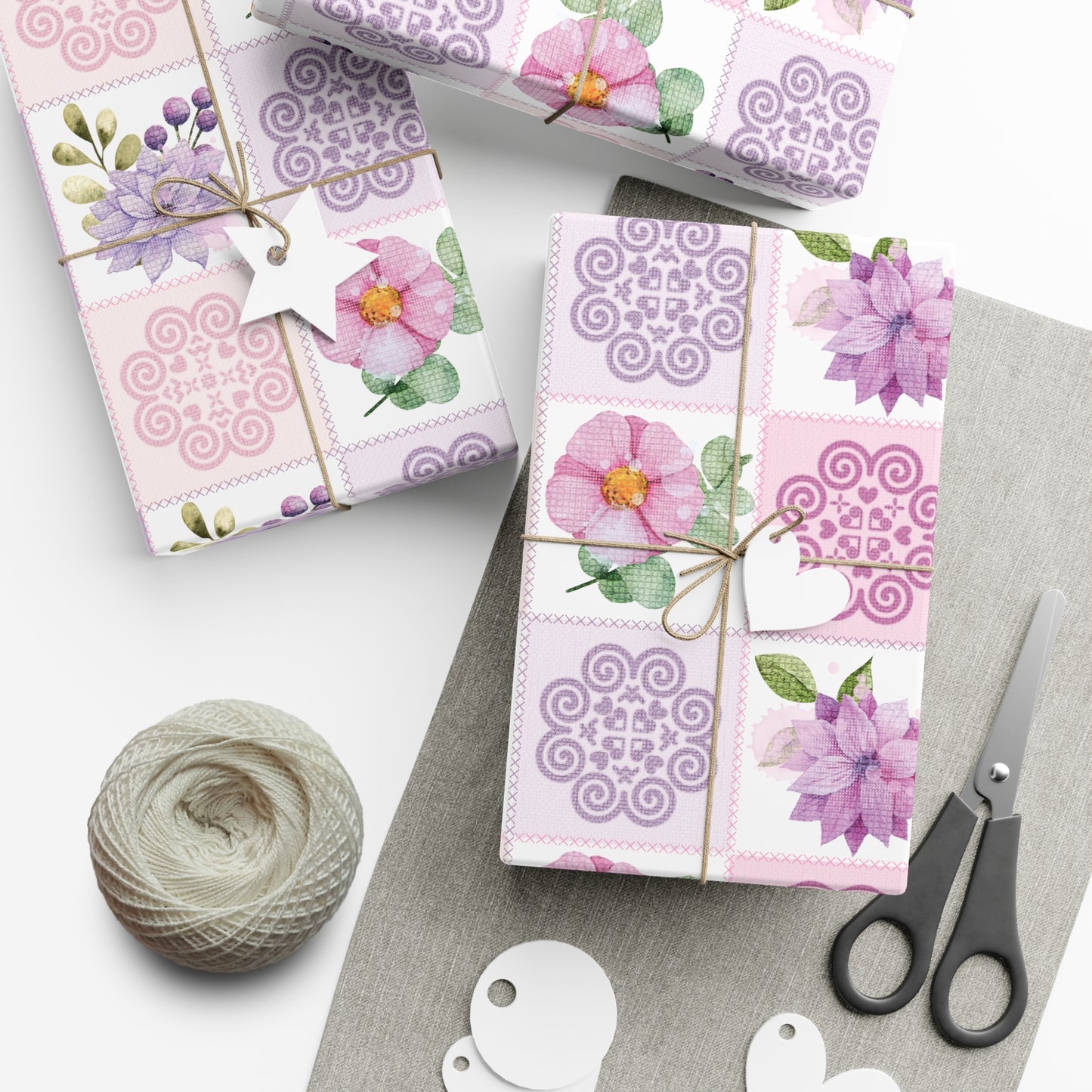 Gift Wrap Papers - Hmong Inspired - Pink & Purple Watercolor Florals Flowers Patch Square - Pattern BG