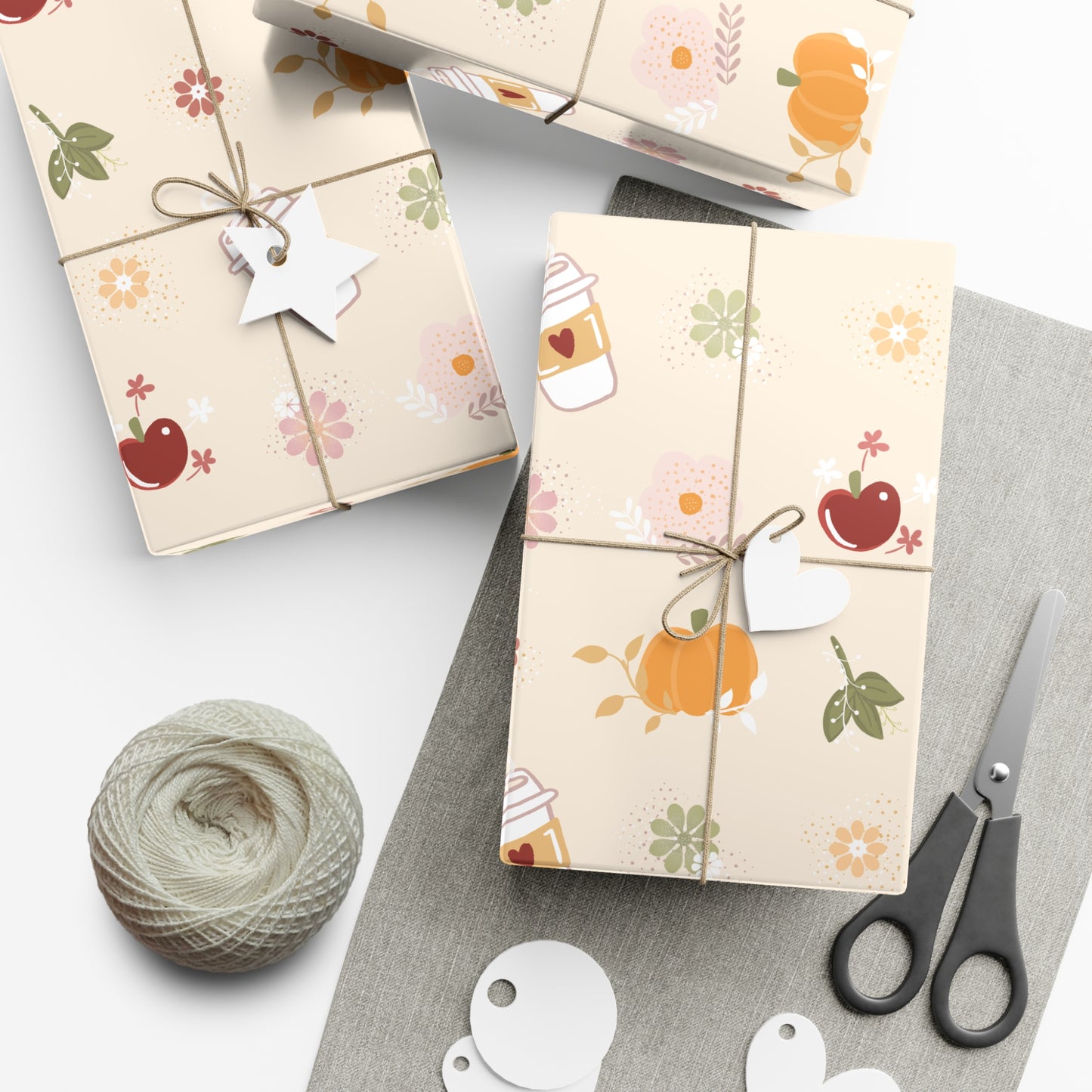 Gift Wrap Papers - Autumn Fall Theme - Apples Pumpkins Leaves Coffee - Pattern BG