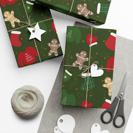 Gift Wrap Papers - Christmas Theme - Sweaters Stockings Mittens Gingerbread - Green BG