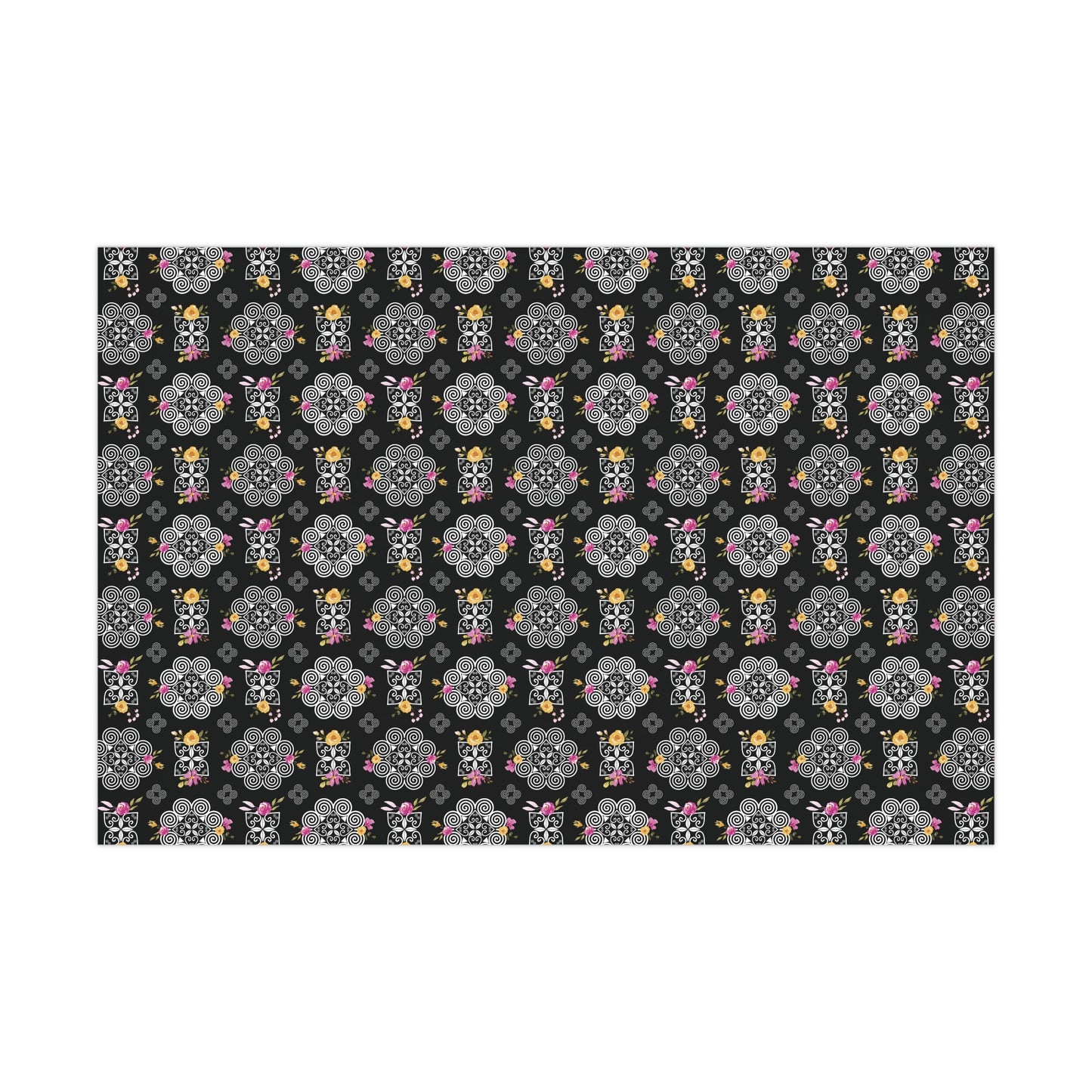 Gift Wrap Papers - Hmong Inspired Design - Pink and Yellow Watercolor Florals Flowers - Black Background