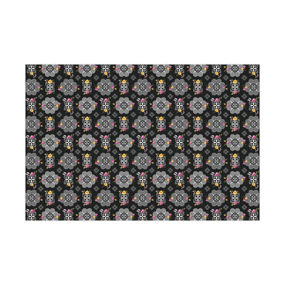 Gift Wrap Papers - Hmong Inspired Design - Pink and Yellow Watercolor Florals Flowers - Black Background