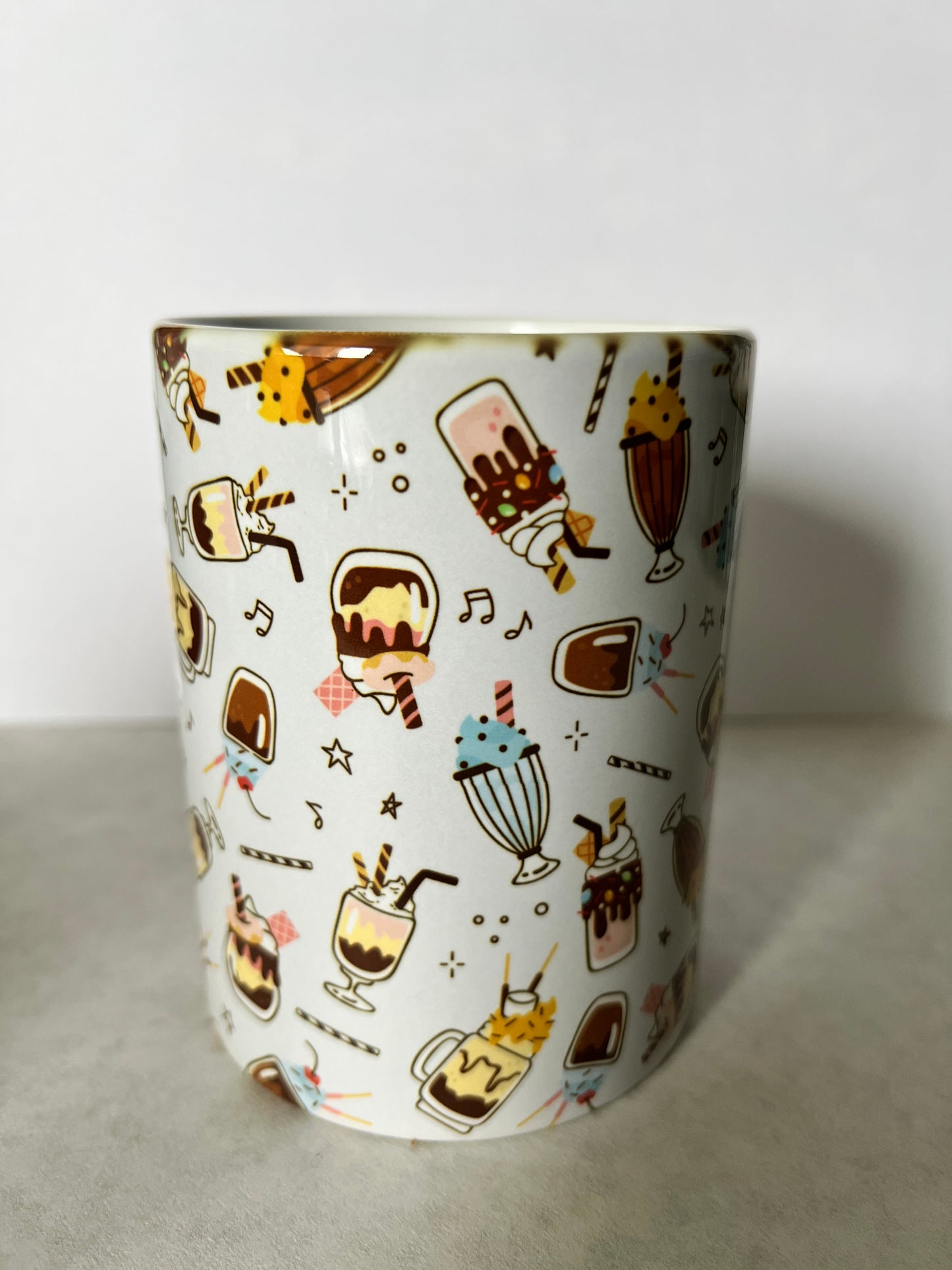 Mug 15oz White Ceramic - Assorted Desserts Bakery Ice Cream Shakes - Clipart Outline Style
