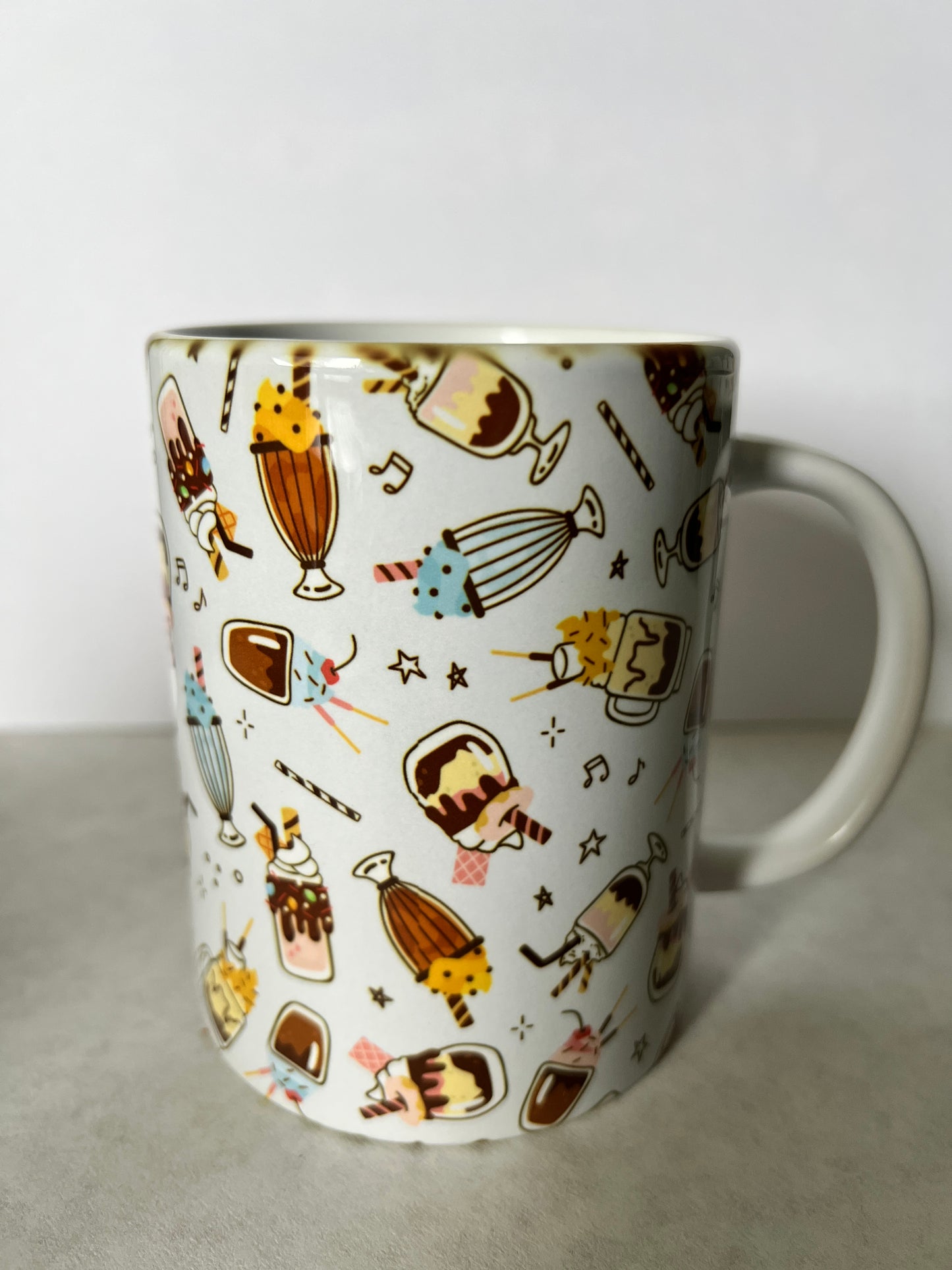 Mug 15oz White Ceramic - Assorted Desserts Bakery Ice Cream Shakes - Clipart Outline Style